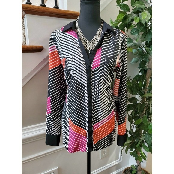Attention Women's Multicolor 100% Polyester Long Sleeve Collared Top Shirt - Picture 11 of 15